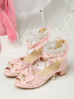 Lolita-Sandalen im Rokoko-Stil weiße Rüschen Perlen PU-Leder Peep Toe Lolita-Sommerschuhe