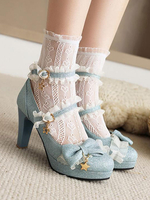 Lolita-Schuhe im ROCOCO-Stil hellhimmelblau mit Rüschen PU-Leder klobige Ferse Lolita-Pumps