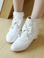 Lolita-Stiefel im ROKOKO-Stil mit weißen Schleifen Rüschen und Perlen runde Zehenpartie Lolita-Schuhe aus PU-Leder