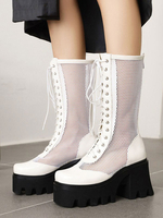 Lolita Stiefel Weiß PU PU Leder Runde Zehen Mitte der Wade Lolita Schuhe Daily Casual Lolita Stiefel
