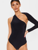 Long Sleeves Bodysuit Schwarz Ausgeschnitten One Shoulder Women Top