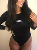 Long Sleeves Bodysuit Schwarz Knöpfe Jewel Neck Lässige Baumwollmischung Top Für Frauen