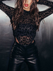 Long Sleeves Bodysuit Schwarz Tasten Hochzeitskleid Funktionsknöpfe Sheer Crewneck Casual Tüll Leopardenmuster Top für Frauen