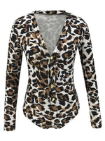 Long Sleeves Bodysuit V-Ausschnitt Lässige Leopardenmuster Top für Frauen