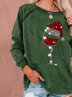 Long Sleeves Tees Grünes Weihnachtsmuster Jewel Neck Polyester Women T-Shirt