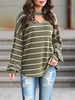 Long Sleeves Tees Hunter Green Baumwollmischung Streifen Ausschnitt Hoher Kragen T-Shirt für Frauen