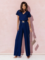 Lässiger Jumpsuit fürs Büro Metalldetails kurze Ärmel V-Ausschnitt 1-teiliger Sommeranzug