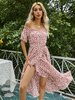 Lässiges Midikleid aus Polyester mit Blumendruck und Juwelenausschnitt und kurzen Ärmeln
