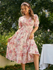 Lässiges Midikleid mit V-Ausschnitt und kurzen Ärmeln aus Polyester mit Blumendruck