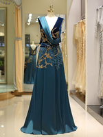 Luxus Abendkleider Satin Velvet Perlen Sash Ink Blue V-Ausschnitt Eine Linie Abendkleid