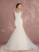 Luxus Brautkleid Mermaid- Illusion Ausschnitt Mit Schleppe mit Reißverschluss in Elfenbeinfarbe Ja mit eingebautem BH