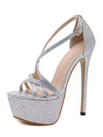 Luxus High Heel Sexy Sandalen Silber Plattform 6;3 "Pfennigabsatz Sexy Schuhe Mit Strass