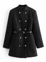 Mantel für Damen Stehkragen Lange Ärmel Knöpfe Casual Stretch Schwarz Wintermantel