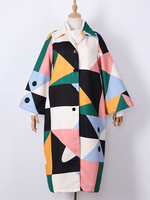 Mantel für Frau Grün Turndown Kragen Langarm Knöpfe Geometrische Farbe Block Wollmantel
