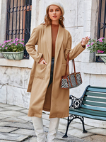 Mantel für Frau Khaki V-Ausschnitt Umlegekragen Lange Ärmel Knöpfe Stretch Casual Winter Langer Mantel