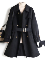 Mantel für Frau Turndown Kragen Knöpfe Schärpe Casual Black Wintermantel Wickelmantel