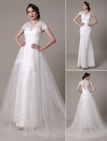 Mantel-Kleid mit V-Ausschnitt Spitze Dekor Zug abnehmbare Kapelle Zug Brautkleid Hochzeit Milanoo