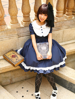 Marineblaue Lolita einteiliges Kleid Asibuto Penta Kurzarm Turndown Kragen Lace Trim