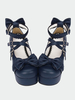 Marineblaue Lolita klobige Pony Heels Schuhe Plattform Knöchel Riemen Bögen Herz Form Schnallen