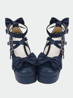 Marineblaue Lolita klobige Pony Heels Schuhe Plattform Knöchel Riemen Bögen Herz Form Schnallen