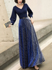 Marineblaues Ballkleid Ballkleid V-Ausschnitt Stretch Krepp 3/4 Ärmel Knöpfe Hochzeitsgastkleider