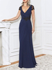 Marineblaues Mutterkleid V-Ausschnitt Kurze Ärmel A-Linie Spitze Gastkleider für Hochzeit