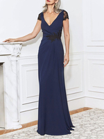 Marineblaues Mutterkleid V-Ausschnitt Kurze Ärmel A-Linie Spitze Gastkleider für Hochzeit