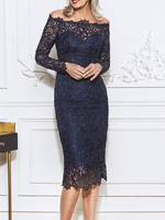 Marineblaues Partykleid für die Brautmutter Bateau-Ausschnitt mit langen Ärmeln Etui-Spitze Tee-Länge Gastkleider für die Hochzeit