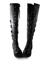 Matte Black Lolita lange Stiefel Square Heels