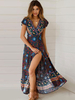 Maxi Kleid 2021 Kurzarm V-Ausschnitt Verknotet Blumen Sommer Kleid