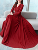 Maxi Kleider mit langen Ärmeln Burgund mit V-Ausschnitt Buttons Maxi bodenlangen Chiffon-Kleid