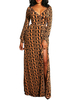 Maxi Kleider mit langen Ärmeln Coffee Brown Geometric mit V-Ausschnitt Split Lace Up Polyester Langes Kleid