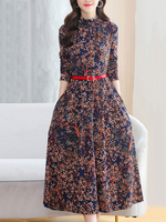 Maxi Kleider mit langen Ärmeln Deep Blue Printed Stehkragen Maxi bodenlangen Chiffon-Kleid