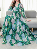 Maxi Kleider mit langen Ärmeln Grün gedruckt V-Ausschnitt Maxi Chiffon- hohe Taillen-Fußboden-Längen-Kleid
