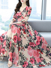 Maxi Kleider mit langen Ärmeln Pink Printed V-Ausschnitt Maxi Chiffon- lange Kleid