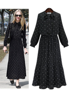 Maxi Kleider mit langen Ärmeln schwarze Tupfen-Frauen Stehkragen Lace Up Maxi bodenlangen Chiffon-Kleid