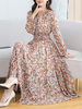 Maxi Kleider mit langen Ärmeln V-Ausschnitt Coffee Brown Printed Hohe Wais Chiffon Rüschen bodenlangen Kleid