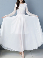 Maxi Kleider mit langen Ärmeln Weiß Jewel Ausschnitt Layered bloßes Chiffon- lange Kleid