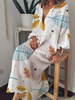 Maxi Kleider mit langen Ärmeln weißer Blumendruck mit V-Ausschnitt Plissee Layered Polyester lange Kleid