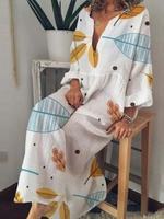 Maxi Kleider mit langen Ärmeln weißer Blumendruck mit V-Ausschnitt Plissee Layered Polyester lange Kleid