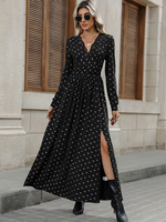 Maxi-Schlitzkleid mit Schmetterlingsdruck V-Ausschnitt und langen Ärmeln für den Herbst 2025