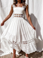 Maxi Spitzenkleider Ärmelloses Weißes Quadrat Hals Hals Blumen Maxi Unregelmäßiges Polyester Langes Kleid