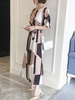 Maxikleid 1/2 Ärmel Dunkelaprikosenfarben mit Rundkragen und geometrischem Muster für Sommer und Frühling maxi kleid und Straßen-Style Polyester
