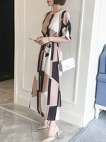 Maxikleid 1/2 Ärmel Dunkelaprikosenfarben mit Rundkragen und geometrischem Muster für Sommer und Frühling maxi kleid und Straßen-Style Polyester