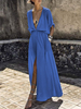 Maxikleid 1/2 Ärmel Sommerkleider lang Blau Damenmode mit spitzem Dekolleté für Sommer und Straßen-Style maxi kleid Baumwolle Kleider