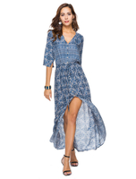 Maxikleid 1/2 Ärmel Sommerkleider lang Blau Damenmode V-Ausschnitt mit Print für Herbst und Frühling maxi kleid und Urlaub Polyester Kleider