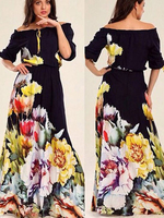 Maxikleid 1/2 Ärmel Sommerkleider lang Dunkelmarineblau Damenmode mit Bateau-Kragen und Schnurbatik für Sommer Bohemian Kleider maxi kleid Polyester