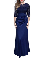 Maxikleid 1/2 Ärmel Sommerkleider lang Dunkelmarineblau Damenmode mit Rundkragen für Sommer und Ball maxi kleid Polyester Kleider