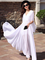 Maxikleid 3/4 Ärmel Langes Kleid V-Ausschnitt Chiffon Weiß mit figurbetonendem Design Party Kleid