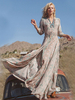 Maxikleid 3/4 Ärmel Sommerkleider lang Graubraun Damenmode V-Ausschnitt mit Pop-Art Muster für Herbst maxi kleid und Alltag Chiffon Kleider
